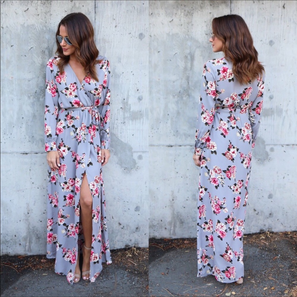 Last one! Gray floral maxi wrap dress